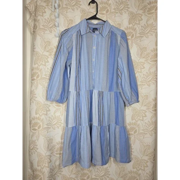 Gap Blue Striped Tiered Puff Sleeve Mini Shirt Dress S Academia Patchwork Prep - Picture 2 of 7